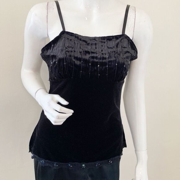 Y2K Vintage No Boundaries Stretch Black Velvet Tank Top w Sequin & Lace Details - Picture 1 of 8